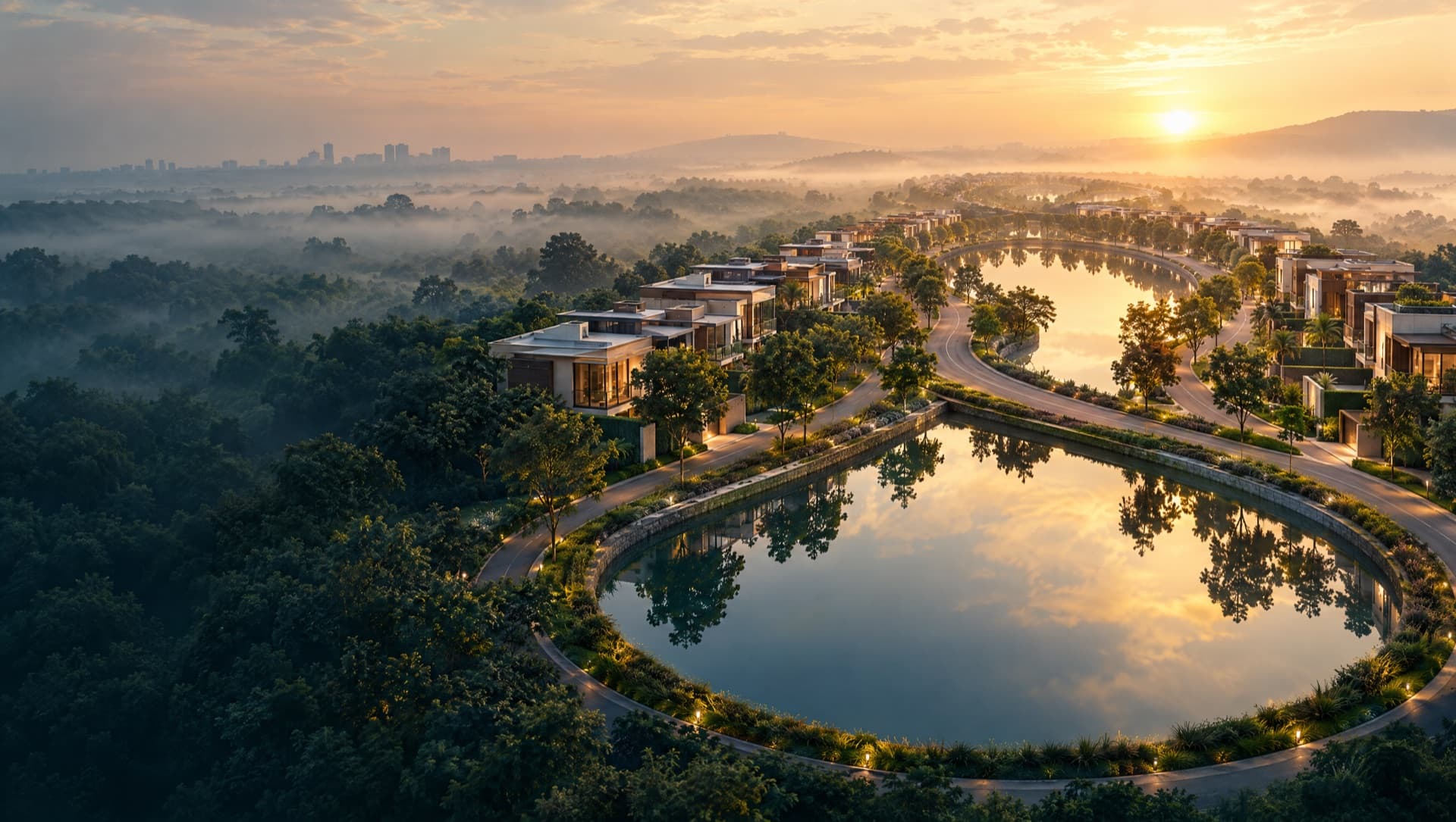 Villa avenue and its reflection forming an infinity loop at dawn