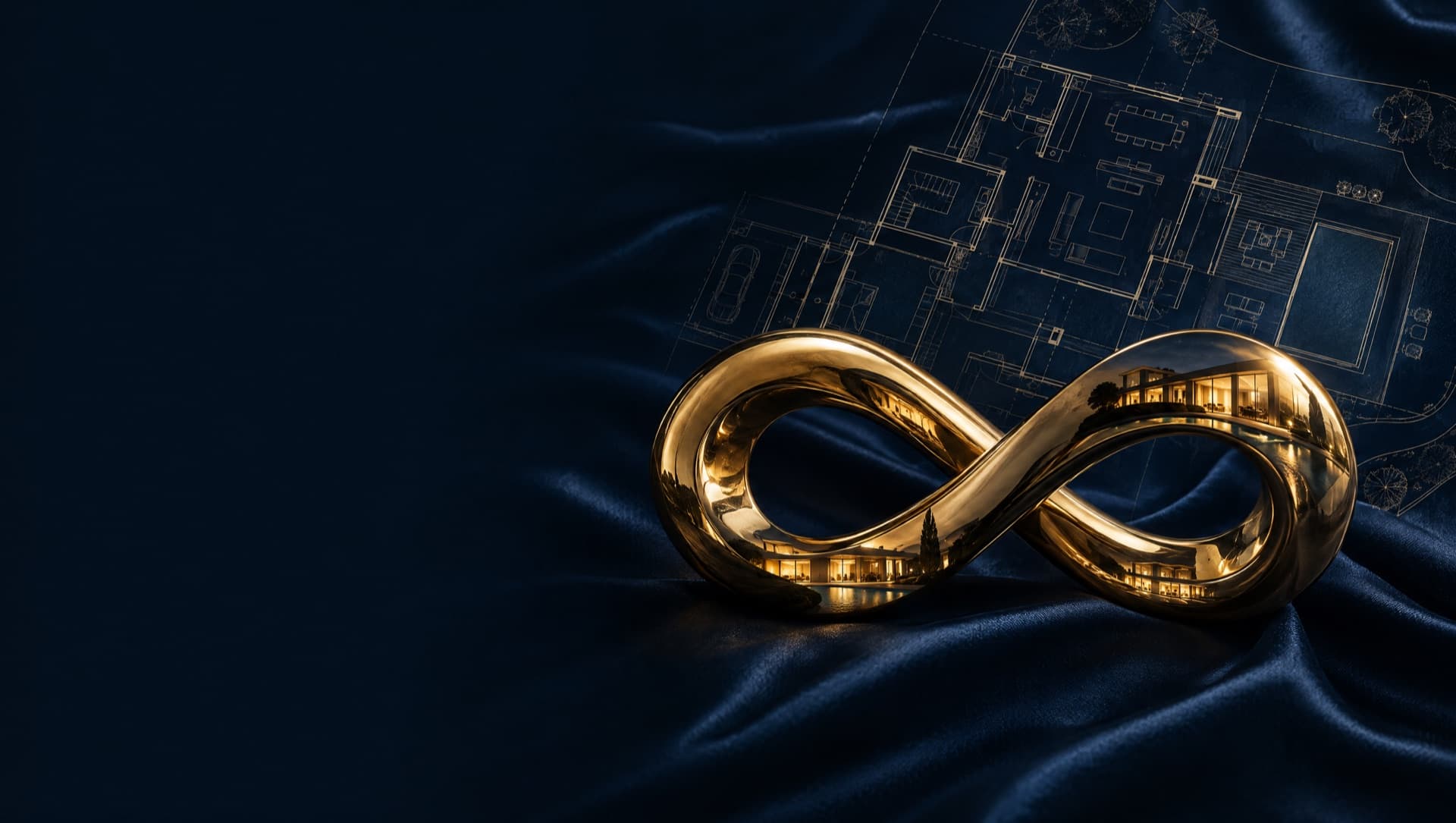 Polished gold infinity symbol on navy silk