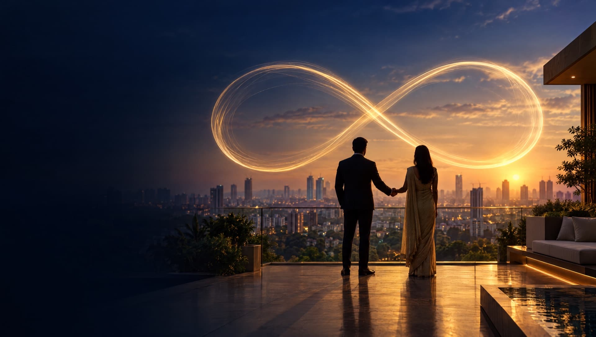 Two partners shaking hands beneath an infinity light trail