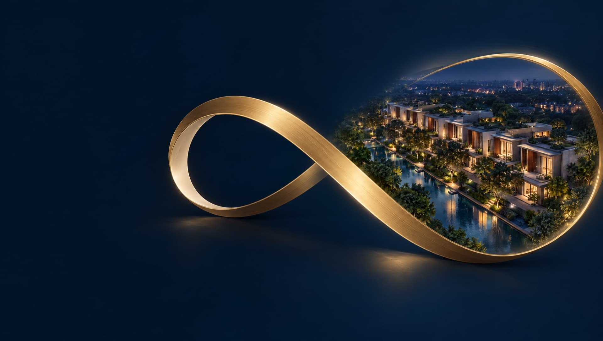 Gold infinity ribbon opening onto a G Corp villa community at night